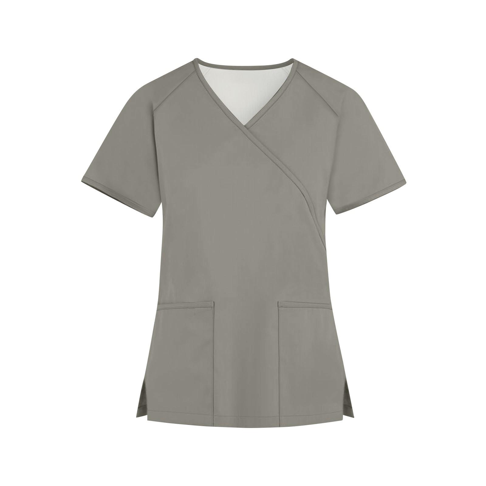 

Женская мода однотонная рабочая одежда с v-образным вырезом и короткими рукавами с карманами, топы XXXXL