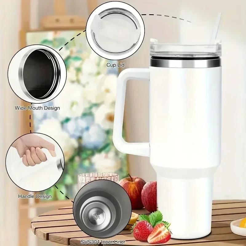 40oz Stainless Steel Water Bottle With Handle Vacuum Insulated Thermos 1200ml Travel Cup With Straw Coffee Mug Car Travel Cup