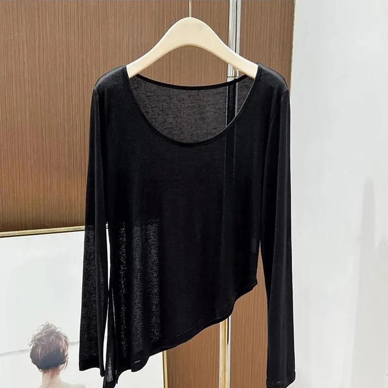Women White Asymmetric Hem Long Sleeve U-Neck Sheer T-Shirt