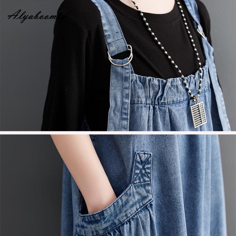 Korejská móda Jaro Léto Ženy Nadměrná Džínovina Maxi Dlouhé Sundress Podvazky Volné Modré Šaty bez rukávů Vintage All-Match Baggy Šaty