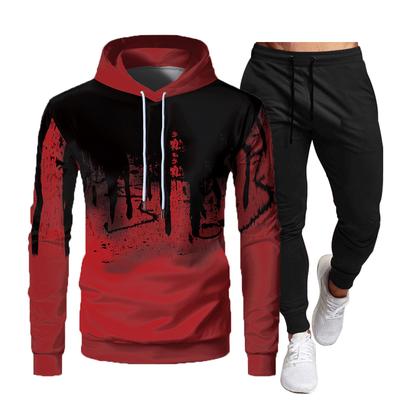Autumn Winter Tracksuit Men Print Hooded 2 Piece Sets Mens Outfits Suit Men Fleece Sport Hoodie Sweatpants Two Piece Sets