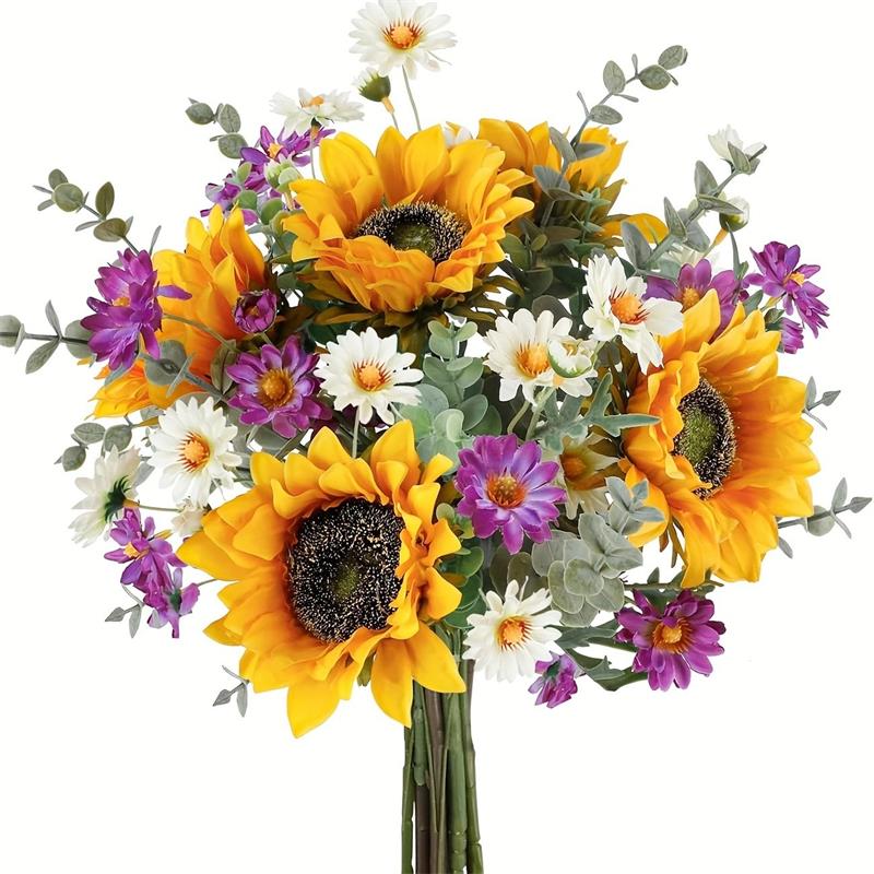 Artificial Sunflower Bouquet for Wedding Bridal Holding Flowers Fake Silk Sunflower with White Small Daisy Flower for Bride Bridesmaid Wedding Party