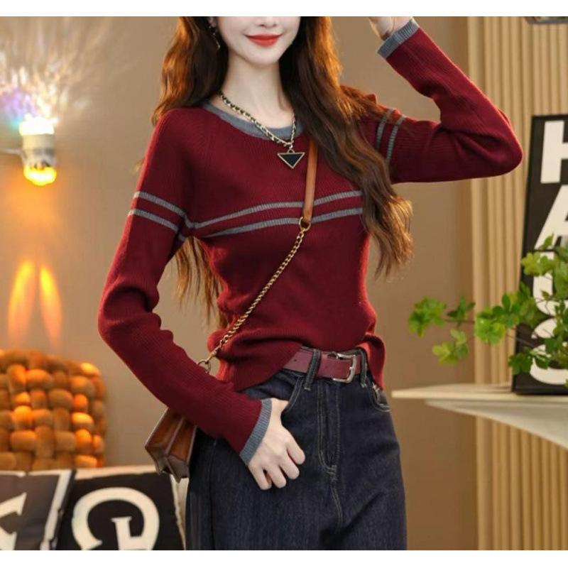 

Double Stripe Contrast Color Crew Neck Thin Knitted Sweater Women s Autumn New Retro Knitted Bottom Shirt one size fits all красный