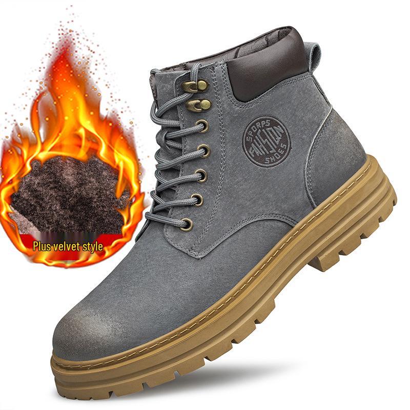 Men's Large Size Winter Genuine Leather Martin Boots, Thick Sole, High-Top, Outdoor, Plus Velvet, Yellow Work Boots.