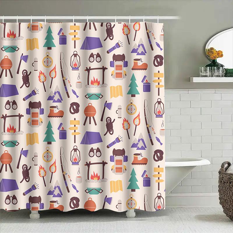 Outdoor Adventure Shower Curtain Campfire Patterns Decorative Waterproof Shower Panel Hiking Travel Camping Gear Set For Home Ba