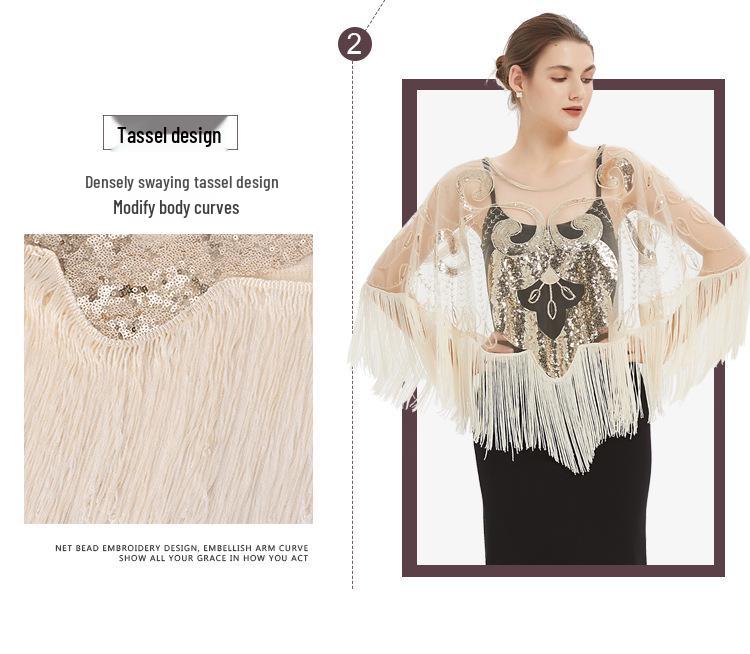 Mesh Sequin Tassel Shawl Evening Gown Strapless Wedding Dress with Elegant Beaded Cape Cover-up