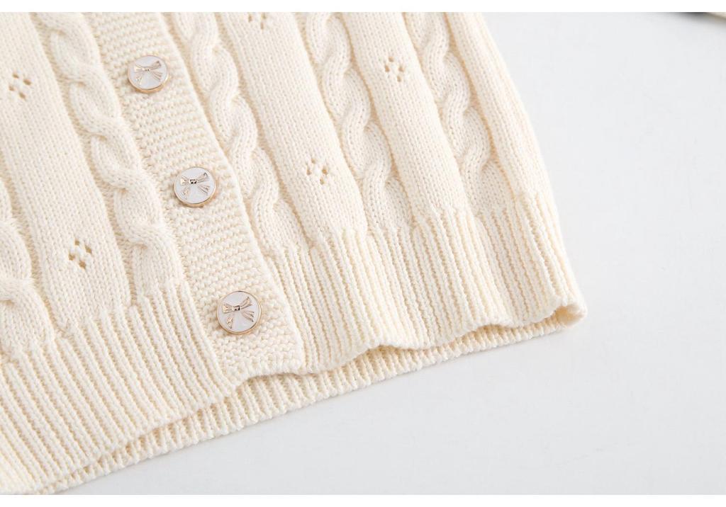 Ensemble tricoté en coton pour filles: Veste à revers nœud & Jupe plissée, Ensemble deux pièces Printemps/Automne