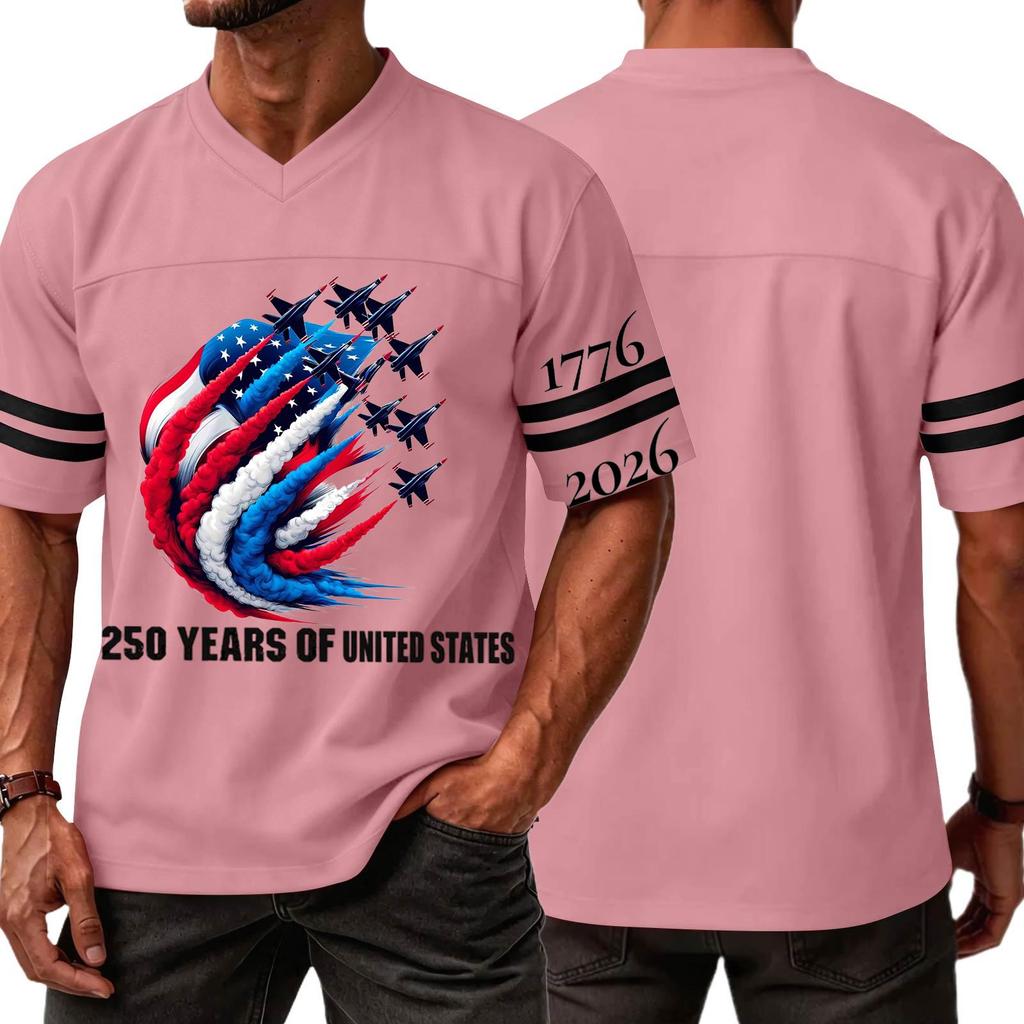 Men's Casual V Neck Short Sleeve Sports T Shirt Independence Day Themed Graphic Tee with Lettering and Airplane Design Athletic Fit