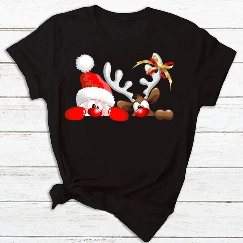 Maycaur Fashion Women's Top T-shirt Women's Merry Christmas T-shirt Fun Cartoon Christmas reindeer print Black T-shirt Women's