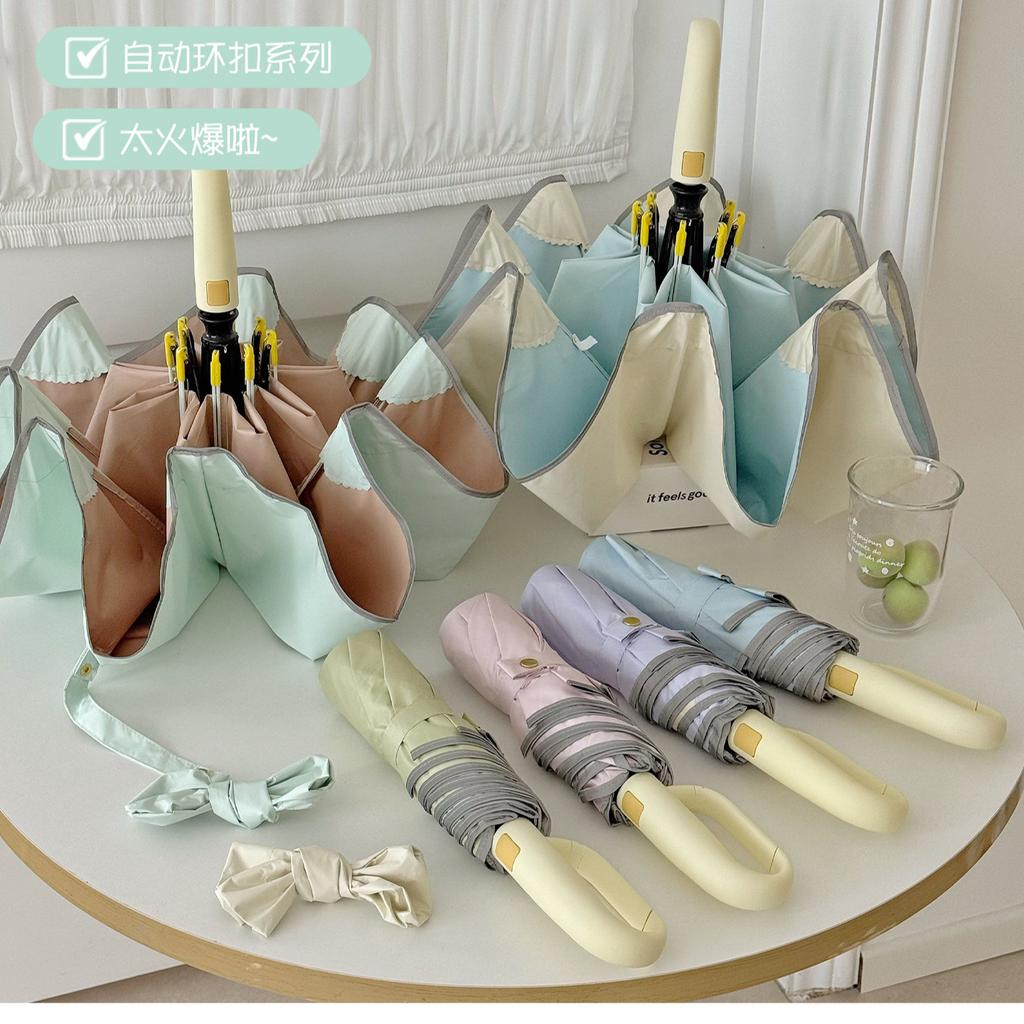 Fully Automatic Ring Buckle Closing Umbrella Sunscreen Color Contrast Color Glue Female Color Glue Student Rounded Corner Safety Parasol