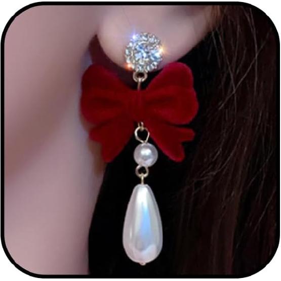 Черные Серьги-Банты для Женщин Черно-Белые Жемчужные Серьги-Подвески Кубический Цирконий Красные Серьги-Банты Изящные Жемчужные Бархатные Серьги-Подвески Модные Элегантные красный