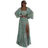 European and American women's clothing 2026 summer new holiday style can wear two lantern sleeves printed split pendulum dress