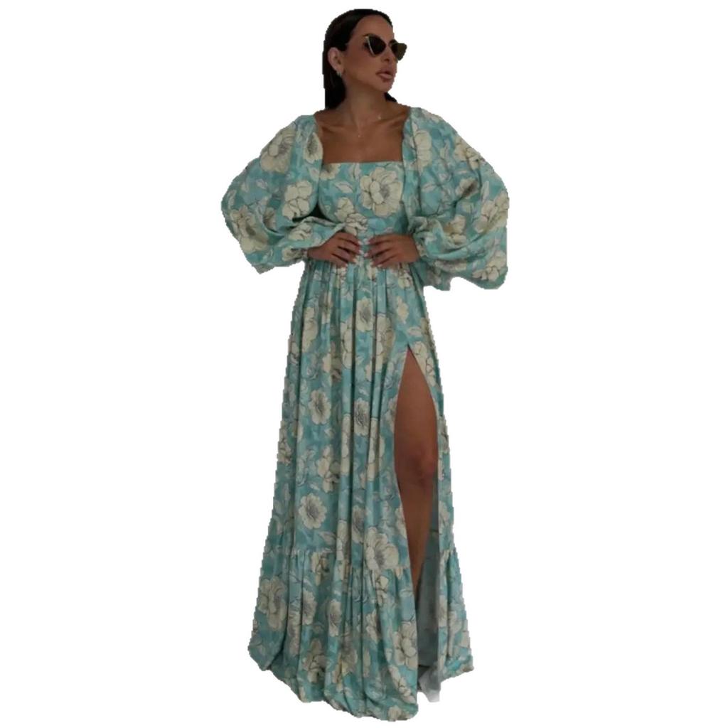 European and American women's clothing 2026 summer new holiday style can wear two lantern sleeves printed split pendulum dress