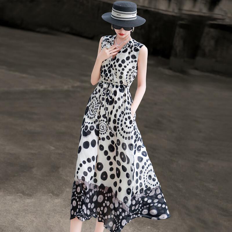 Lan Se Er Tencel Polka Dot V-Neck Sleeveless Dress L