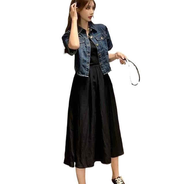 Hong Kong Retro Denim Short Jacket & Camisole Dress Set for Women - Summer Thin, Loose Fit, Short-Sleeved Two-Piece