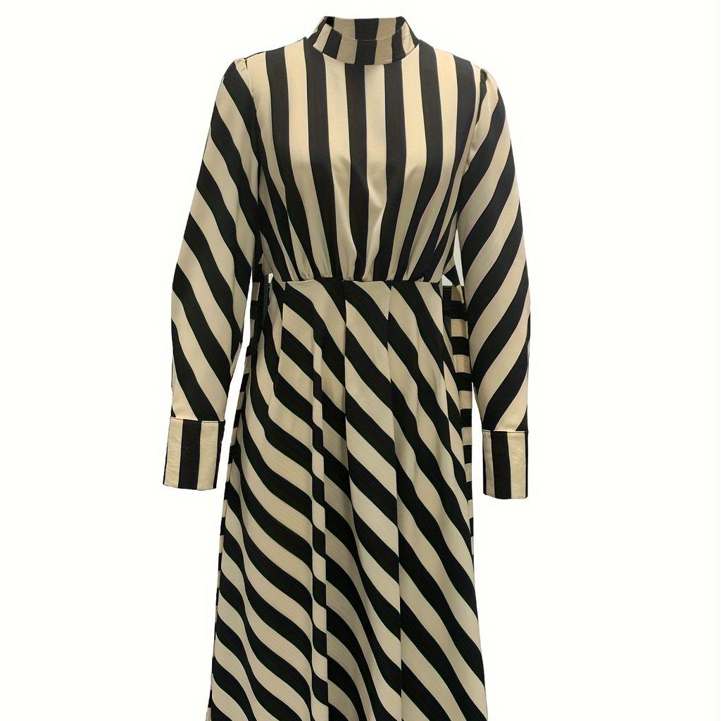 Elegant Long Sleeve Striped Long Swing Dress In Spring and Summer