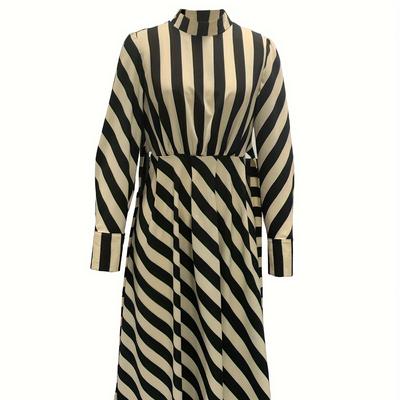 Elegant Long Sleeve Striped Long Swing Dress In Spring and Summer