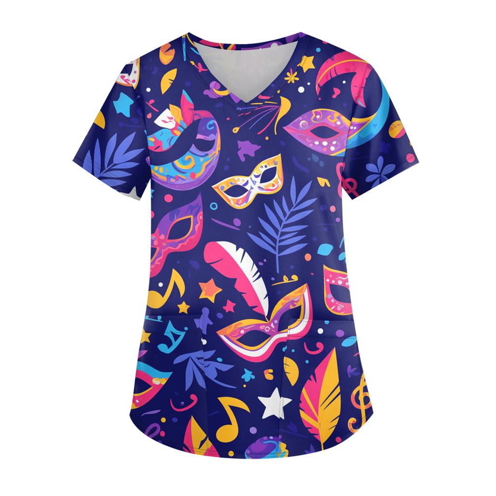 Damen Karneval Bedruckte Mode V-Ausschnitt Tasche Kurzarm Krankenpflege- und Arbeiter-Oberteil