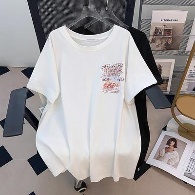 Plus Size Mid-Length Loose Slimming Round Neck Short Sleeve T-shirt for Women (200/300/350 Jin)