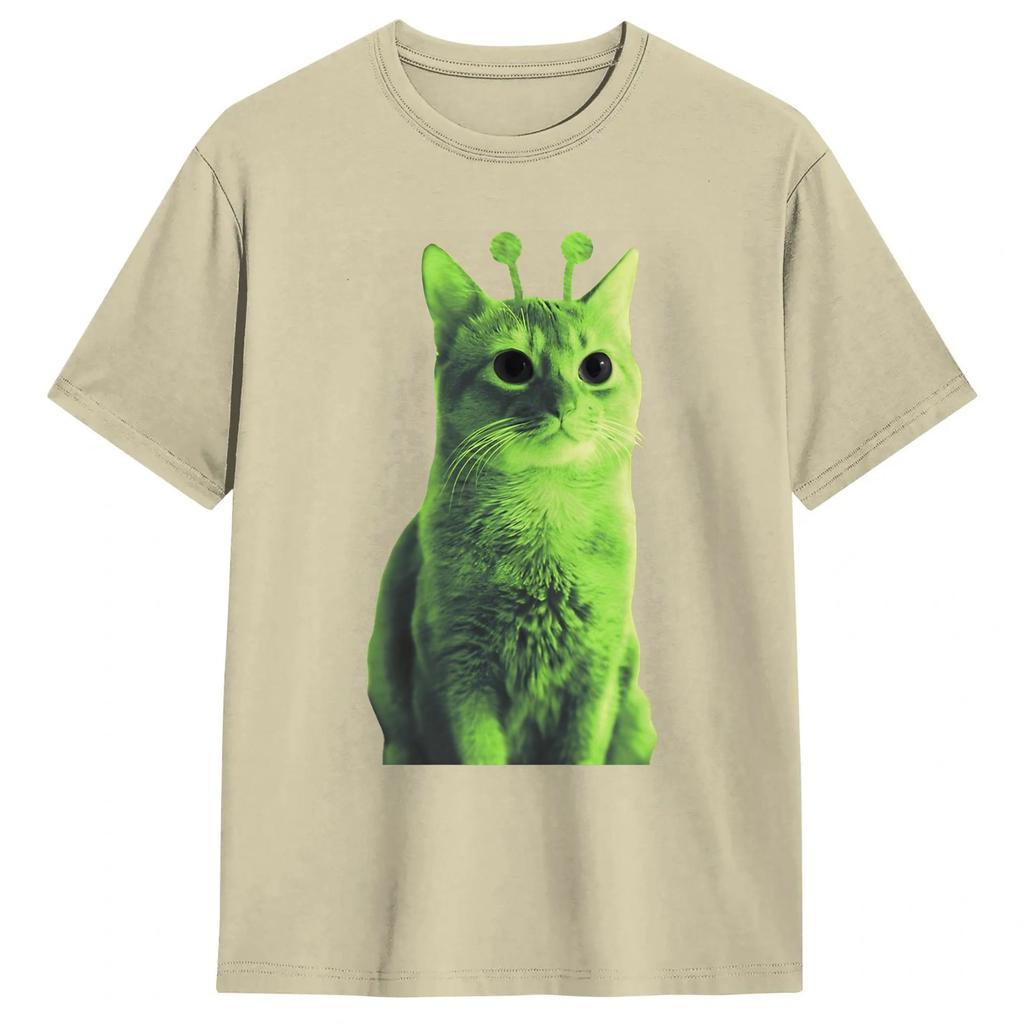 T-shirt Meme Chat Alien Vert Été Coton T-shirts Pour Unisexe Mode Décontracté T-shirt Manches Courtes Streetwear T-shirts