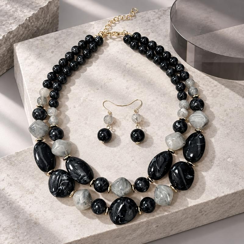 Beaded Necklace with Coordinated Drop Earrings, Double-Strand Layering, and Irregular Acrylic Beads Jewelry Set