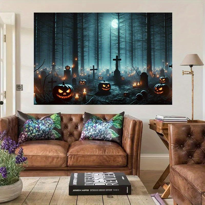 A haunted cemetery with a banner featuring a glowing pumpkin as the background.PMJ