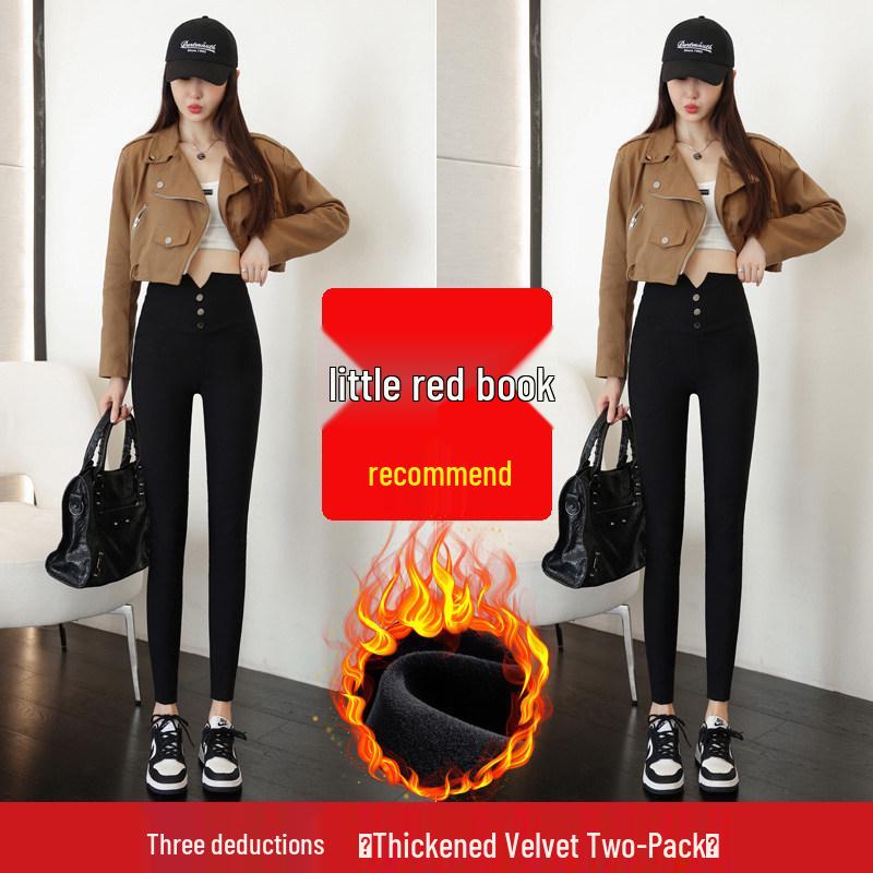 Women's Plus Velvet Thick Black Leggings: Elastic, Skinny, Pencil Pants for Spring, Autumn, Winter.