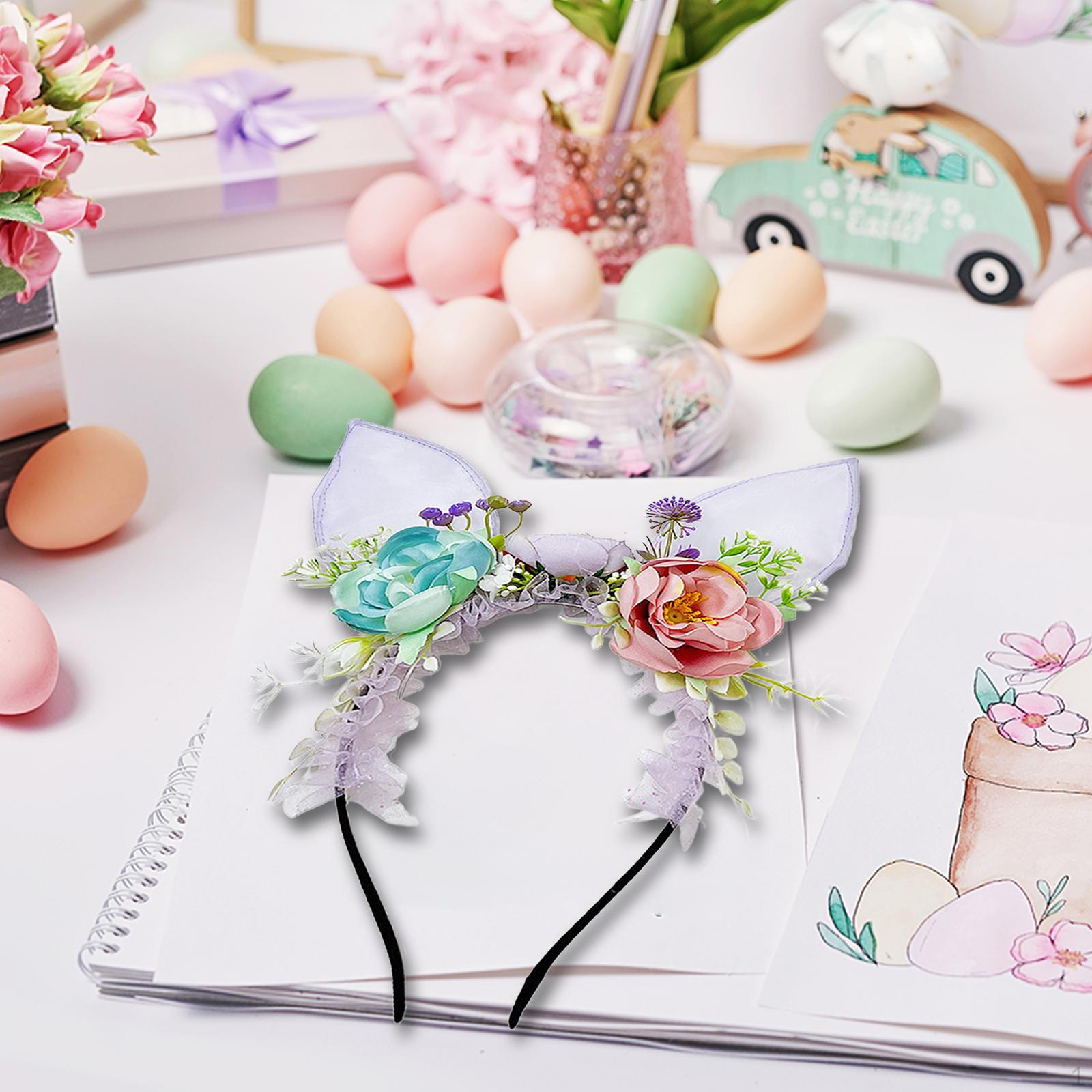 

Повязка на голову с ушками пасхального кролика, аксессуар для костюма, повязка на голову с цветком, милый головной убор, обруч для волос для фиолетовый