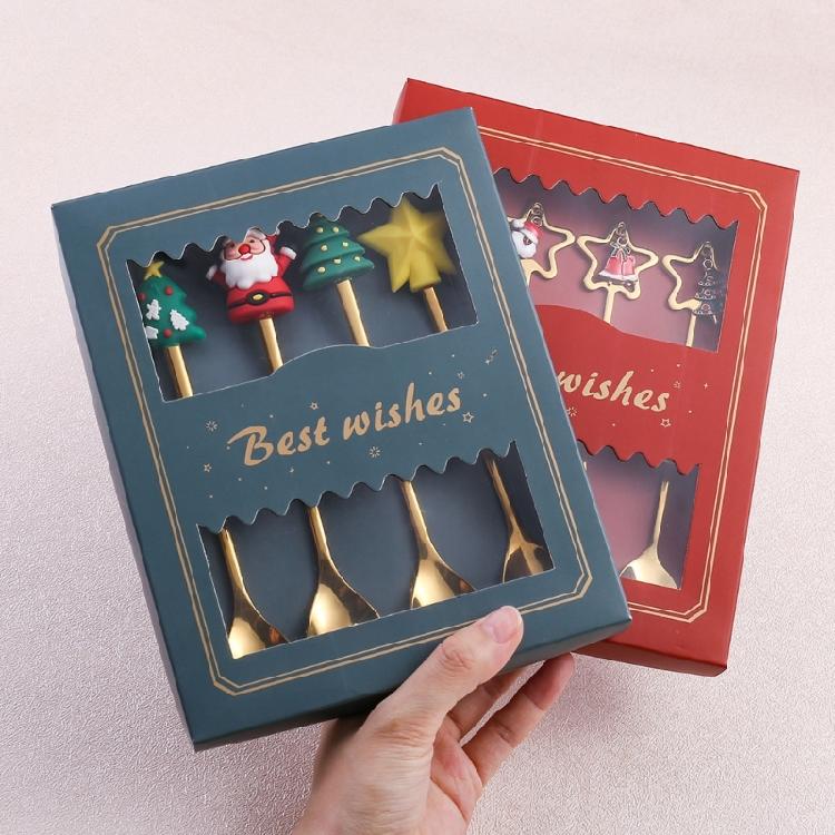 4pcs Christmas Spoons Forks with Gift Box Kitchen Tableware Xmas Gifts New Year
