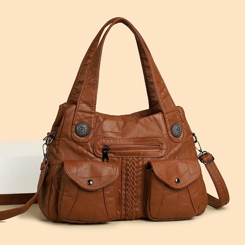 Women's Brown Textured Leather Hobo Bag Braided Detail Multi-Pocket Crossbody Shoulder Bag Fashion Casual Daily Handbag