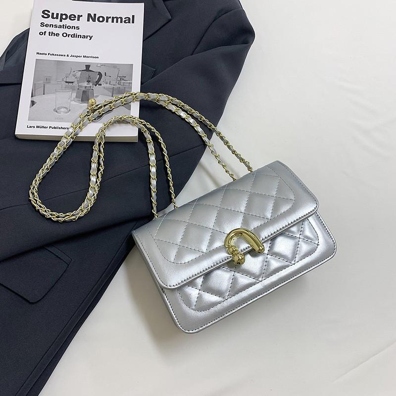 

Trendy Fashionable Chain Shoulder Bag Stylish Quilted Small Square Handbag In Black Brown White Silver