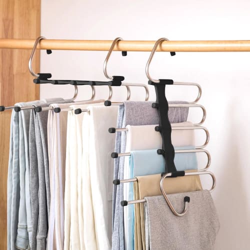 CLEKOD Pants Hanger, Non-Slip, Foldable, 5-Tier, Stainless Steel, for Slacks, Space-Saving, Multi-Functional Storage, Can Be Used Vertically or Horizo