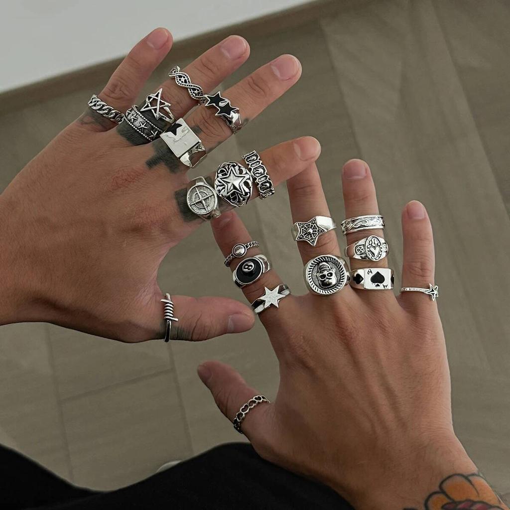 SHIXIN 20Pcs/Set Punk Geometric Stars Rings Men Hip Hop Stackable Silver Color Knuckle Rings Set Male Jewelry Accessories