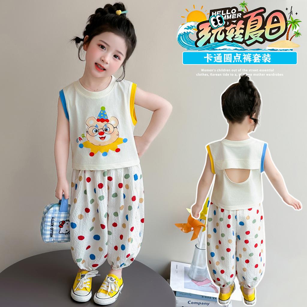 Girls' casual set summer 2026 new children's cartoon vest summer outfit, girls' baby mosquito repellent pants two-piece set