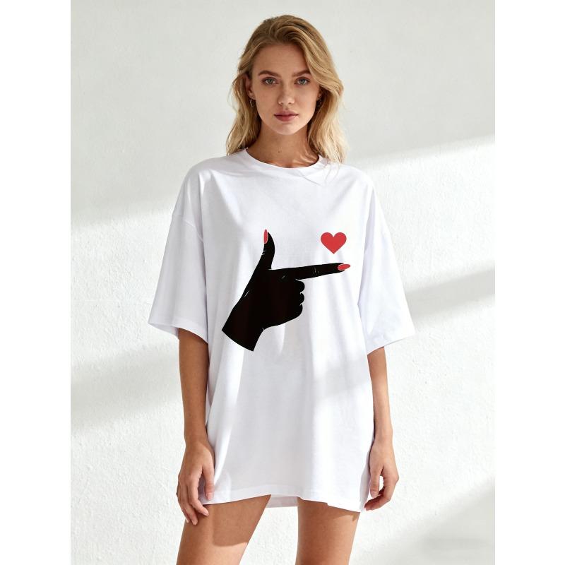 

Oversized T Shirt Black Hand Pointing Heart Print Casual Streetwear Summer Top For Women XXXXL білий