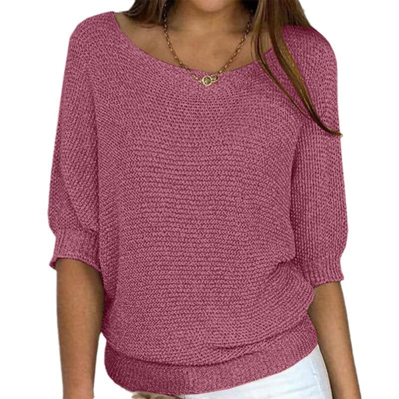 Spring European & American Style Solid Color Round Neck Sweater - Women's Elegant Three-Quarter Sleeve Commuter Top