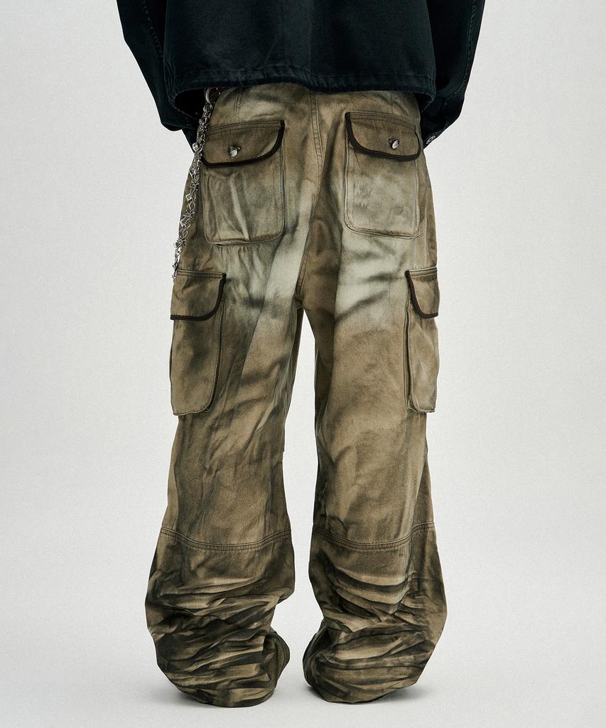 NOT4NERD Dirty Washed Parachute Cargo Denim Pants - Beige