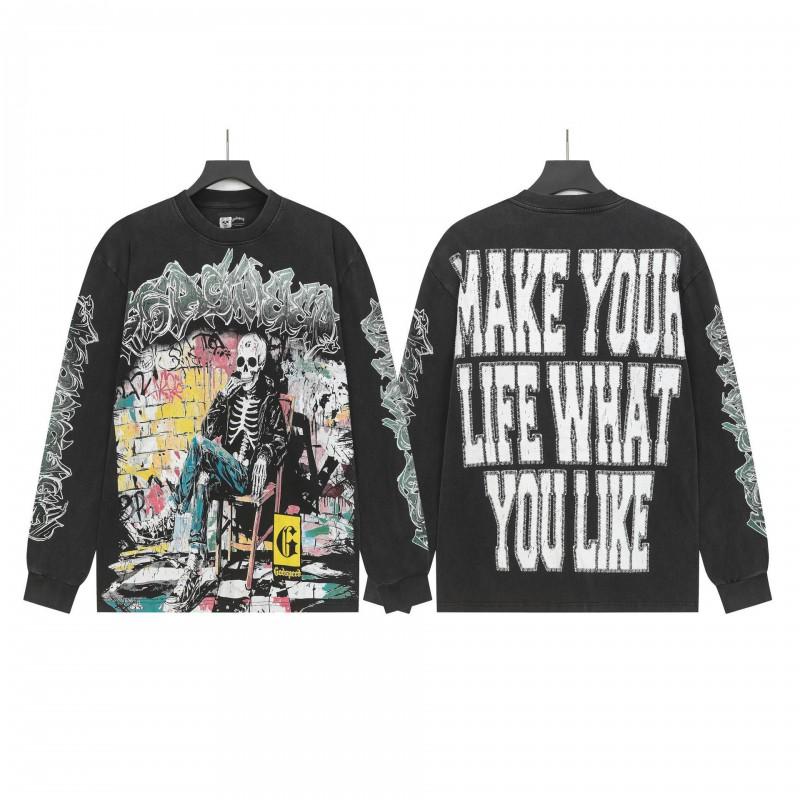 Unisex Vintage Skull Print Washed Cotton Long Sleeve Hoodie Streetwear Loose Fit