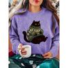 Women's New Christmas Sweater Black Cat Print Round Neck Long Sleeve T-Shirt