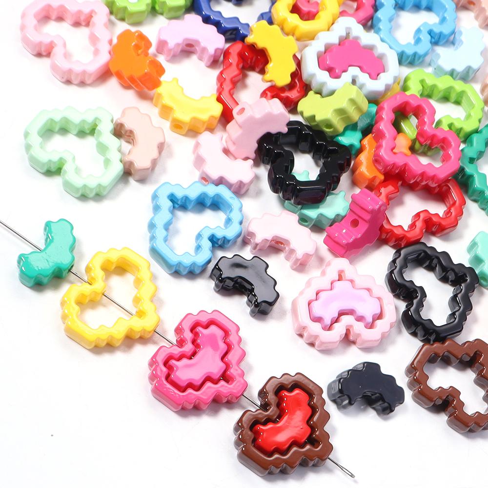 10pcs Solid Color Acrylic Baking Paint Pixel Heart Frame Beads For Jewelry Making DIY Necklace Bracelets Phone Chain Keychain