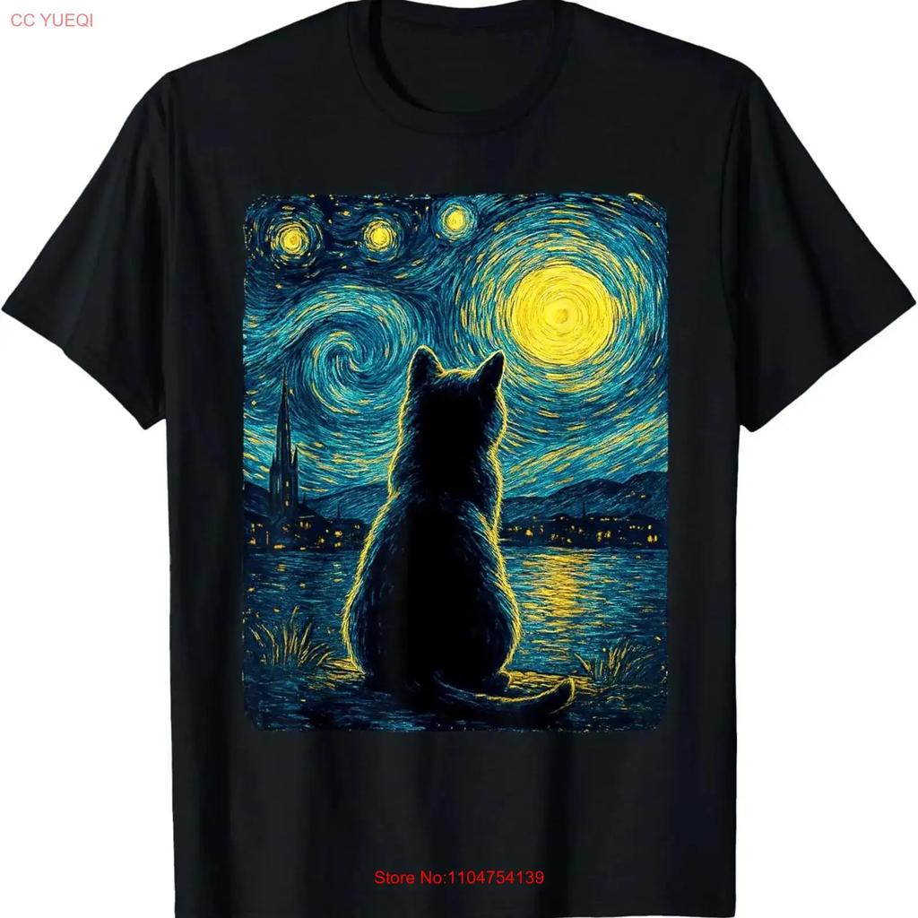 Black Cats Lover Starry Night Vincent Van Gogh T Shirt Vintage Washed Stylish Soft Versatile Top For Everyday Wear Graphic
