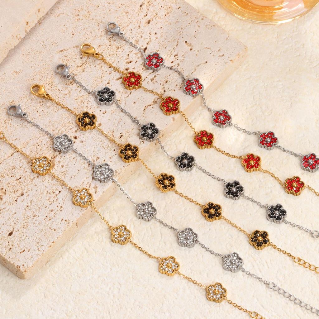 Htpwe Stainless Steel Four-leaf Clover Inlaid Zirconium Small Bracelet Women 18k Gold Couple Holiday Gift Bracelet Party Zircon