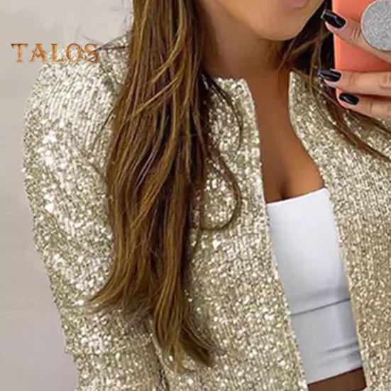 Frühling Herbst Dame Mantel Pailletten Schneiden Lange Ärmeln Offenen Stich Strickjacke Club Party Leistung Kurze Art Jacke