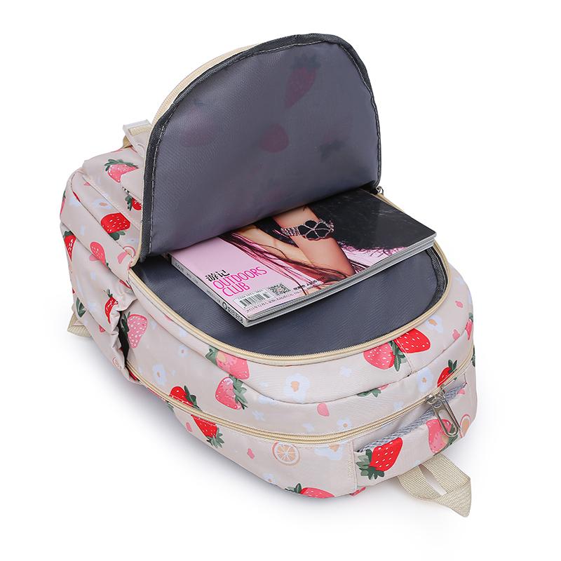 Strawberry Print Backpack Set Student Three-Piece Schoolbag Women's Large Capacity Water-Repellent Graffiti Backpack