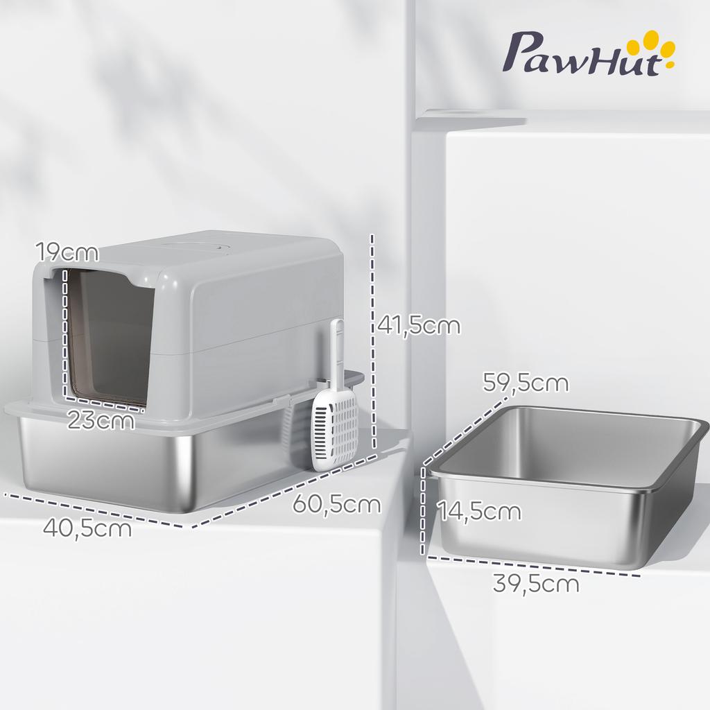 Stainless Steel Cat Litter Box with Removable Lid, Scoop, Filter Bags, for Larger Cats, Grey