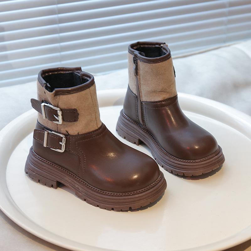 

Детские ботинки Мартин Две хлопковые ботинки Британский ветер 2025 Зима Новые для мальчиков и девочек Флисовые теплые Средние кожаные ботинки 36