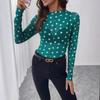 Women Sheer Polka Dot Mesh Half High Neck Long Sleeve Sexy T Shirt Top