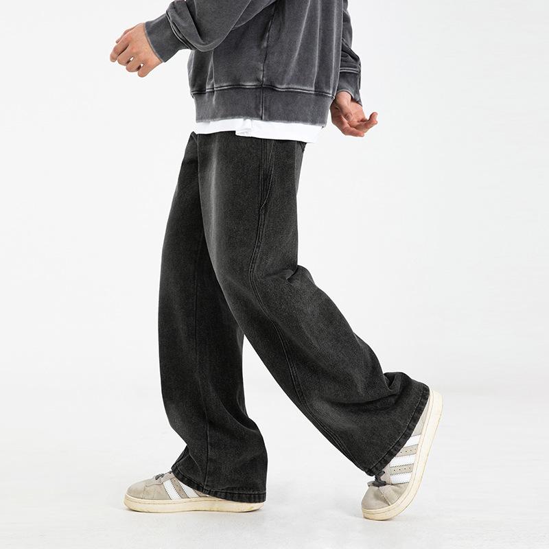 American Style Men's Spring Autumn Patchwork Denim Pants Vintage Loose Casual Trousers Slightly Wide Slimming Long Pants