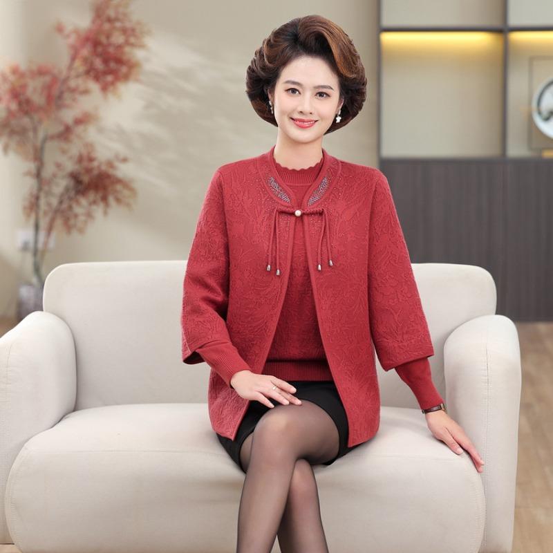 Middle-aged and Old Women's Knitted Cardigan, Mother-in-law Wedding Dress, Mother Autumn Sweater Two-piece Set