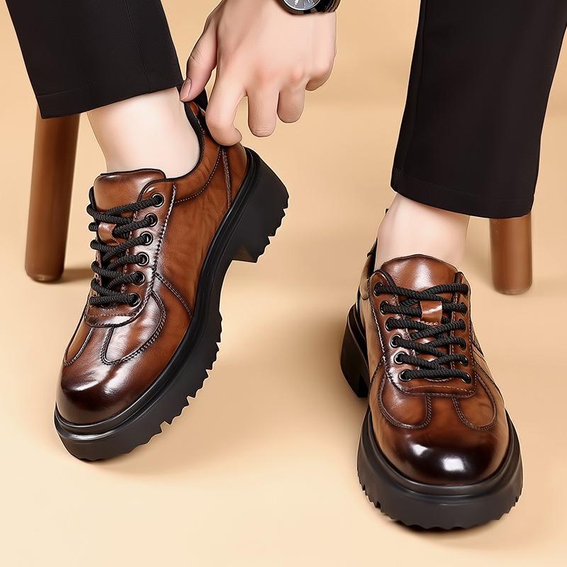 Fashion British Cowhide Casual Platform Shoes for Men Spring Autumn Soft-soled New Designer Fashion Retro Leather Business Male Shoes